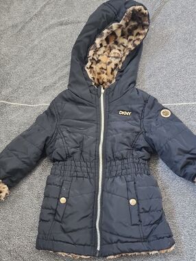 DKNY Navy Girls Hooded Puffer Coat with Leopard Faux Fur Lining